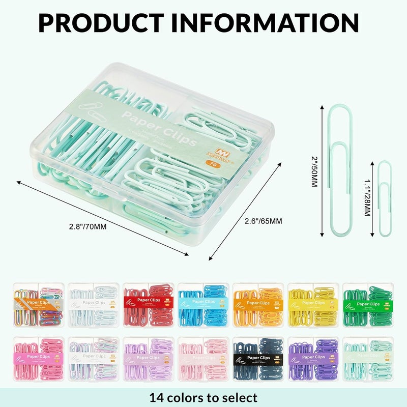 NEEWAY Colorful Paper Clips Assorted Sizes, Small and Large Paperclips, 210 Count, 3 Pack of 70 (Light Green) - Image 2